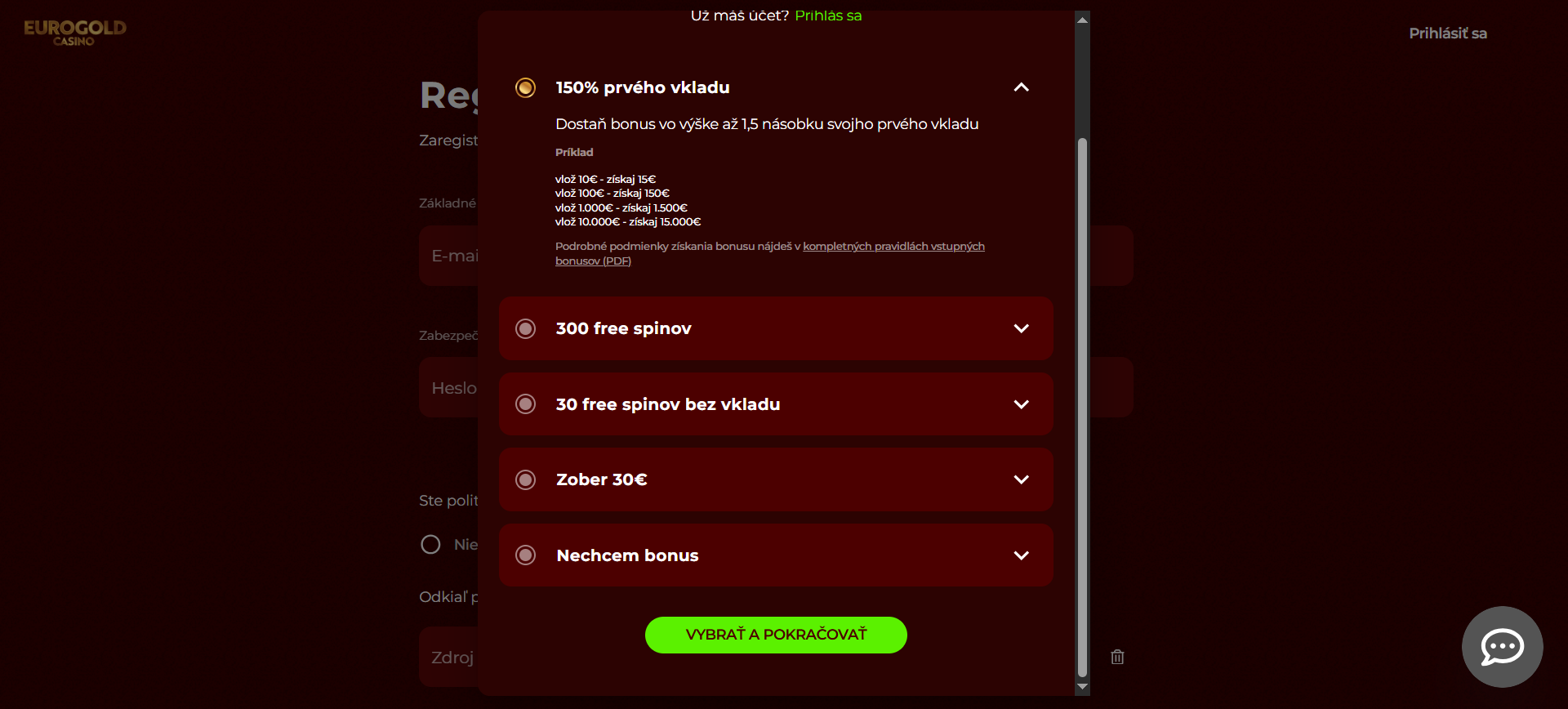 Registračný bonus Eurogold casino